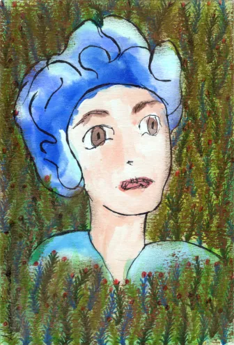 Retrato  con cabello azul brillante, inmerso en un fondo texturizado de densa vegetación verde con matices rojos