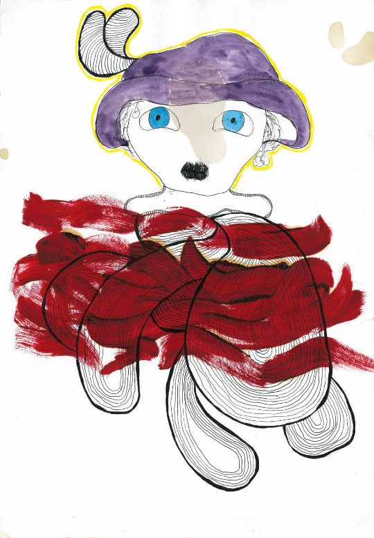 Figura con sombrero lila y ojos azules, vestido de pinceladas rojas sobre contornos lineales, fondo blanco