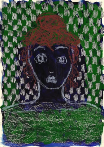 Retrato de una mujer con cabello rojo y rostro oscuro, rodeada de damero blanco y verde